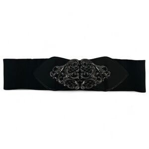 Black Decorative Elastic Waist Belt with Ornate Buckle